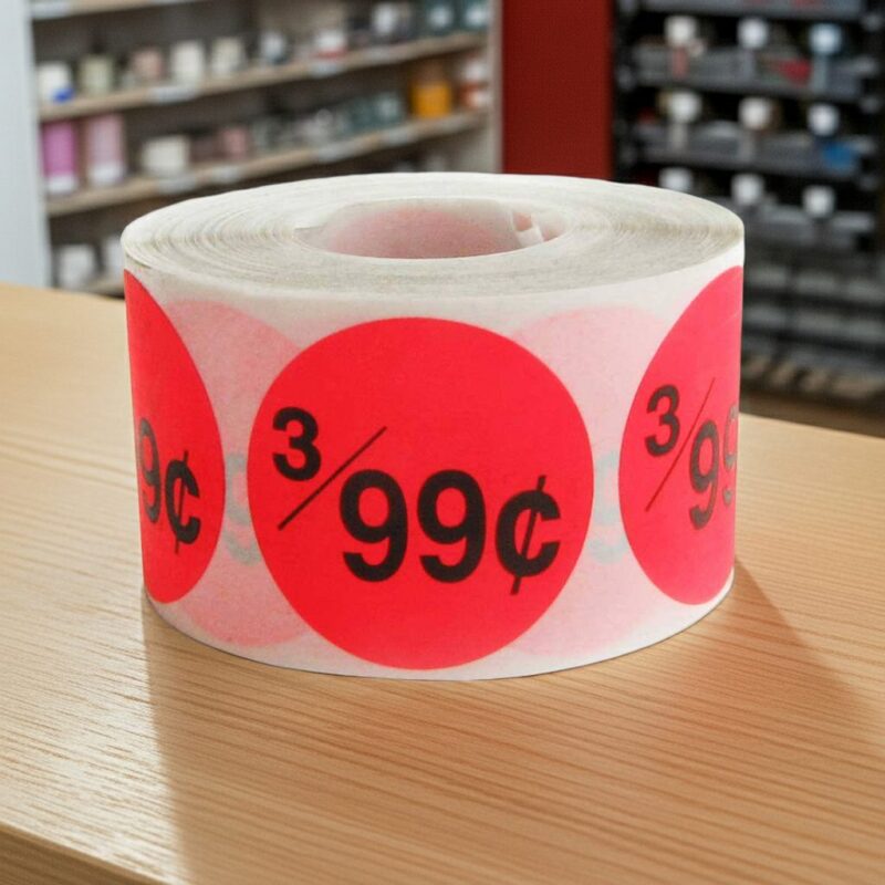 3 for 99 cents round sticker on a red label with black text
