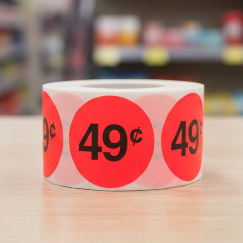 500037-49-Cents-Label-Stickers-Round-Red-with-black-print 49 cents round sticker on a red label with black text