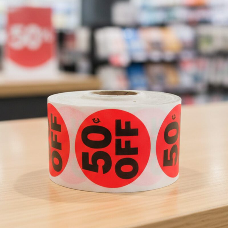 500038-50-Cents-OFF-Label 50 cents off sticker on a round red label