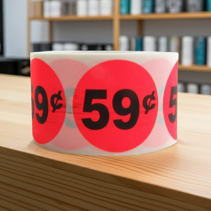 59 cents round sticker on a red label with black text