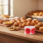 red round bakery sticker with the word bakery printed in black at the top sitting in front of pastries