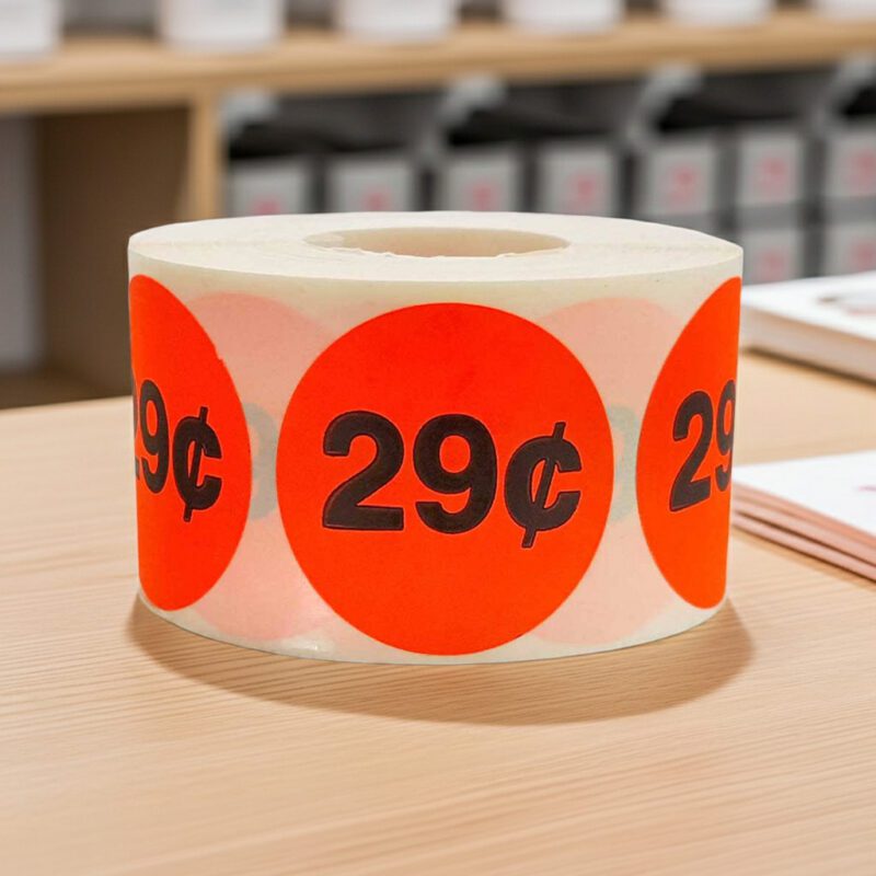 500165-29-Cents-Label-Stickers-Round-Red-with-black-print 29 cents round sticker on a red label with black text