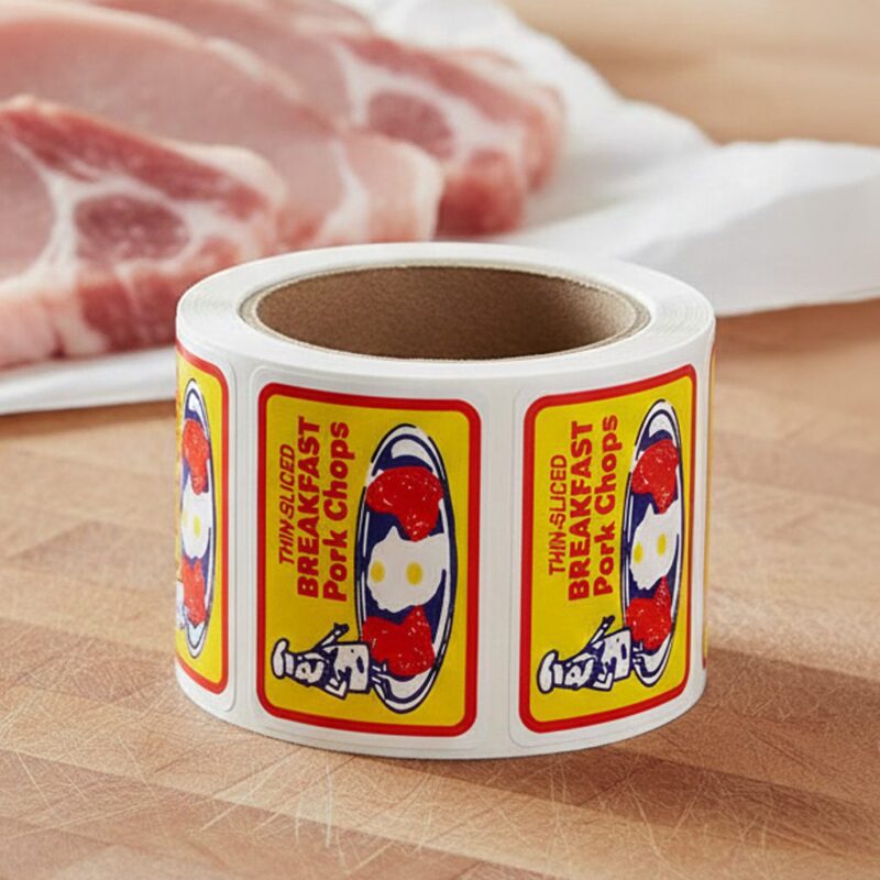 500166-Breakfast-Pork-Chops-Label-Butcher-Sticker Breakfast Pork Chops Sticker on a roll of white rectangle labels with Yellow, Red and Blue Print showing a small man on a plate of pork chops