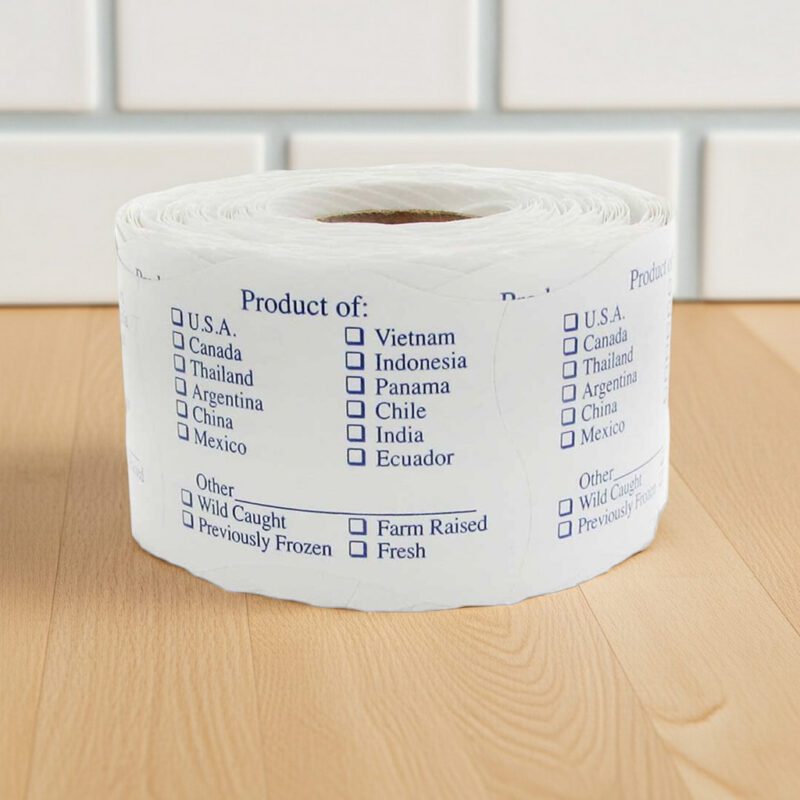 Product of country check off sticker on a white label with many countries