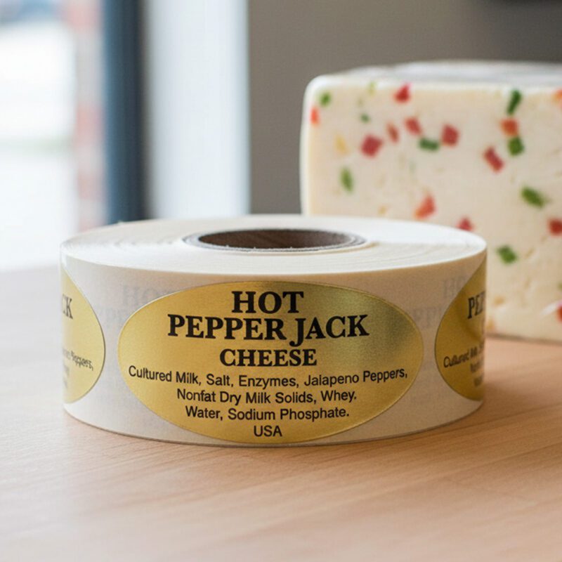 500260-Hot-Pepper-Jack-Label-Stickers Hot Pepper Jack cheese sticker on gold foil label