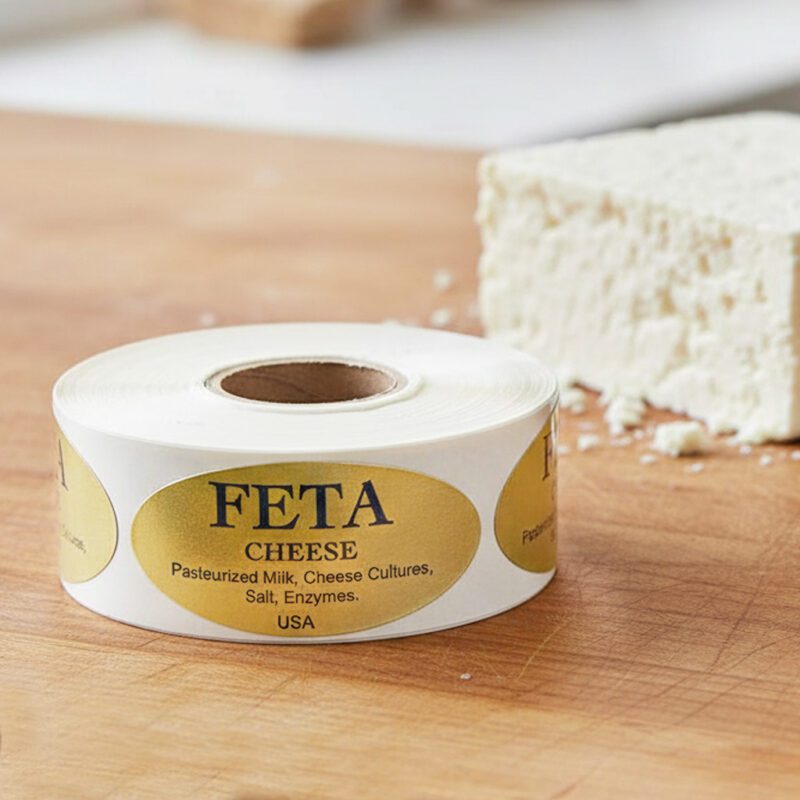 Feta cheese sticker on gold foil label