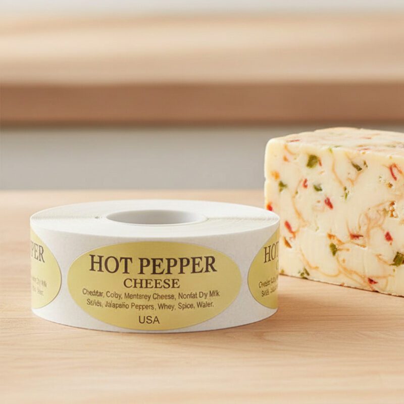 500270-Hot-Pepper-Cheese-Label-Stickers Hot pepper cheese sticker on gold foil label