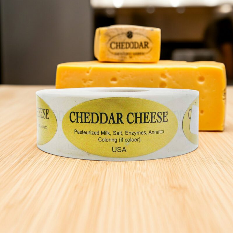 500282-Cheddar-Cheese-Label-Stickers_1 cheddar cheese label on a gold foil label