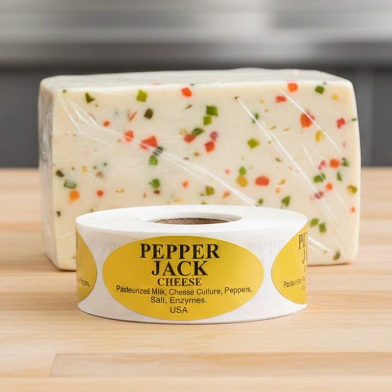 Pepper Jack cheese sticker on gold foil label