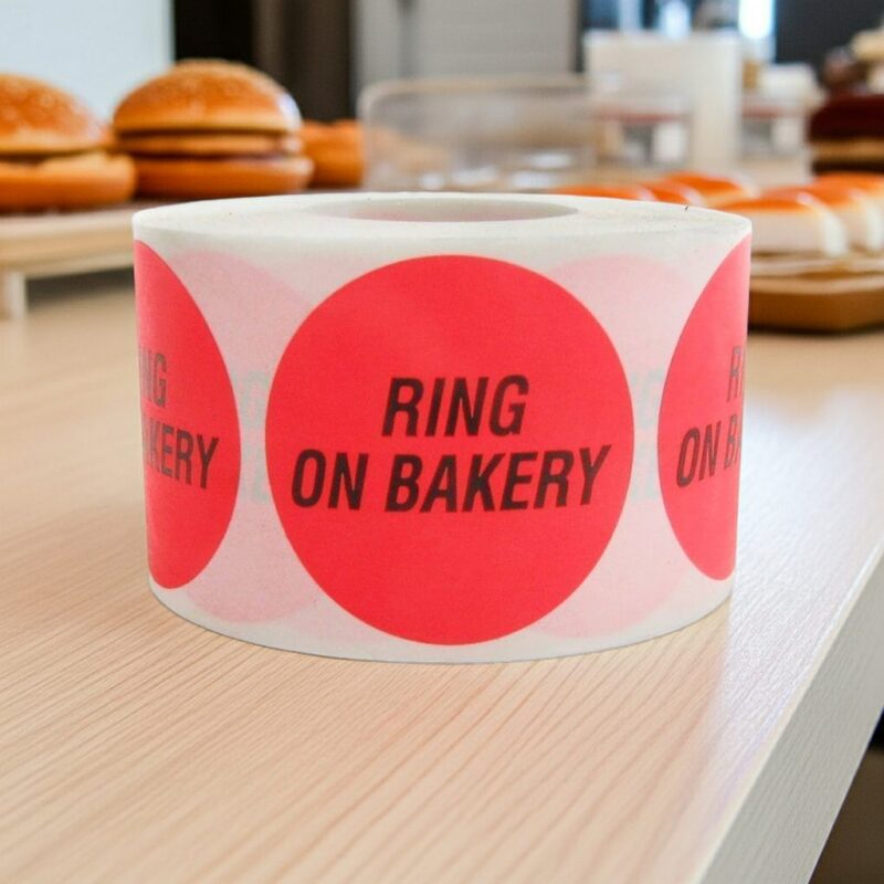 500303-Ring-On-Bakery-Label-Bakery-Sticker ring on bakery label on a round red sticker
