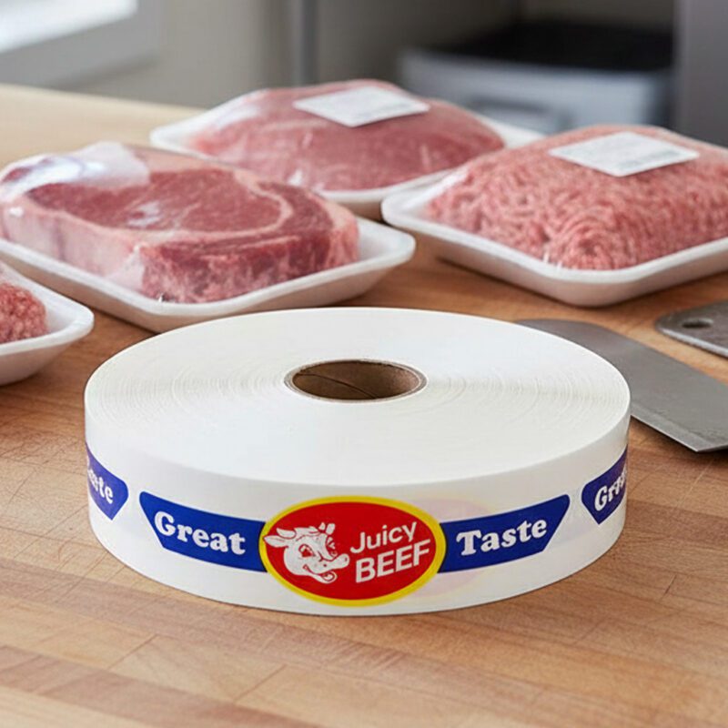 500371-Juicy-Beef-Label-Butcher-Sticker Juicy Beef butcher sticker with a cartoon cow pictured