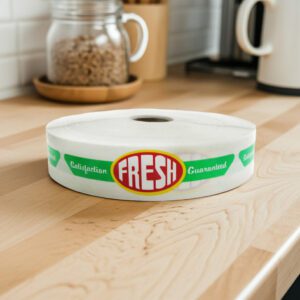 fresh sticker on a long ribbon label