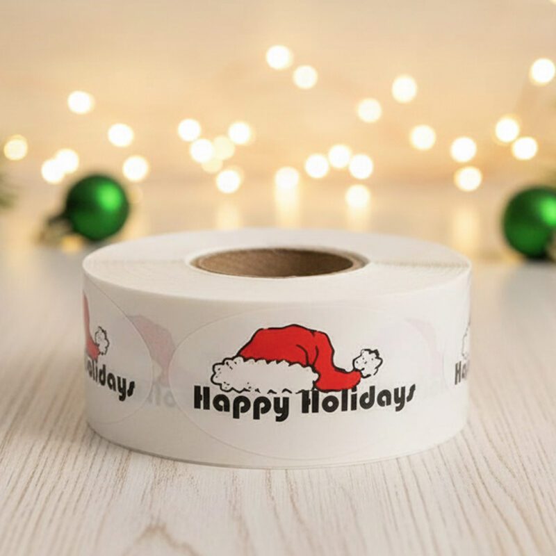 Happy holidays sticker with santa hat on label