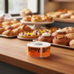rectangle bakery department label on a roll of stickers with pastries behind it
