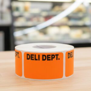deli department sticker on a rectangle orange label