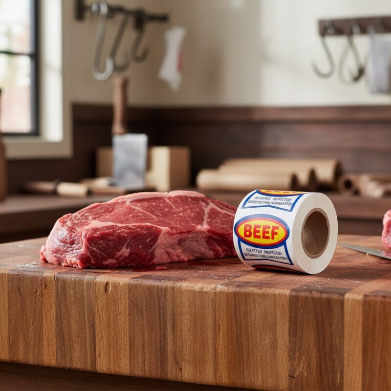 500482 Beef-Label-Ribbon-Butcher-Sticker beef ribbon label on roll of stickers next to a cut of beef
