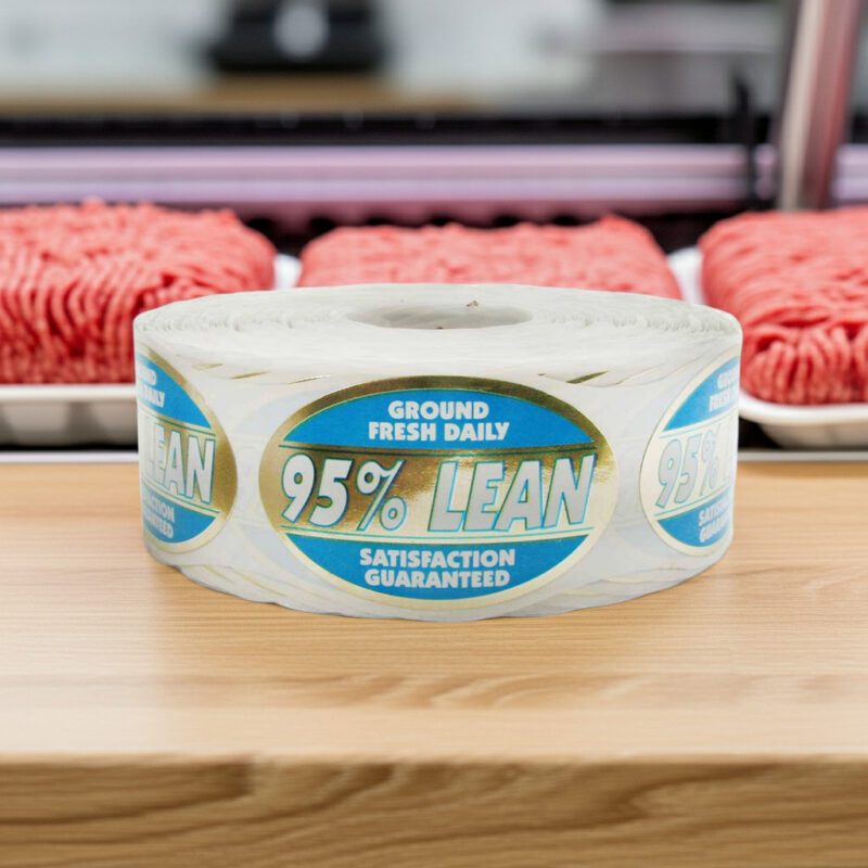 95 percent lean sticker on a gold foil oval butcher label