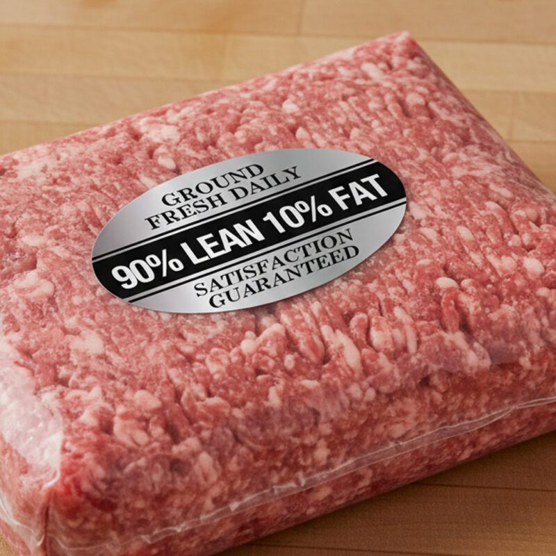 90% lean ground beef sticker on silver foil