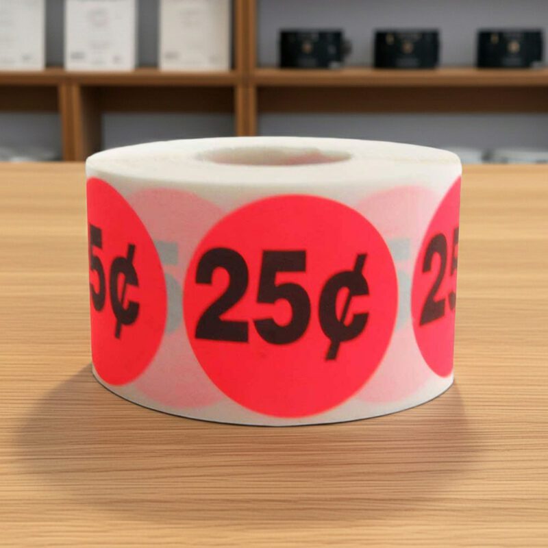 500737-25-Cent-Pricing-Label-Stickers 25 cents round sticker on a roll of red labels with black print