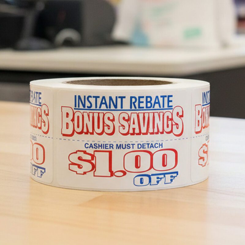 500804-Bonus-Savings-Coupon-$1 1 dollar off bonus savings coupon sticker on a roll of rectangle white labels with red and blue print
