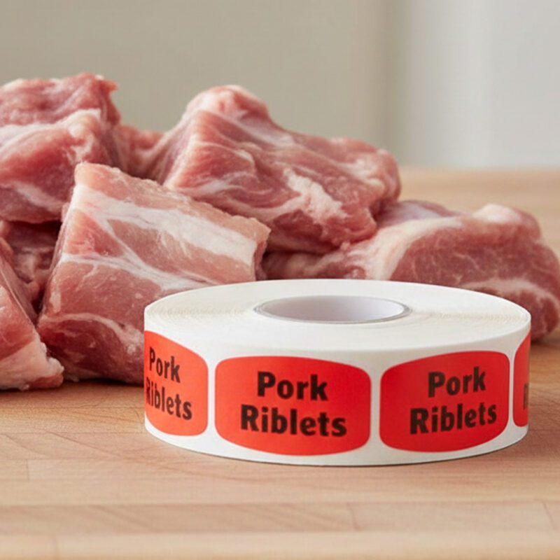 510000-Pork-Riblets-Label pork riblets sticker on a red label with black text