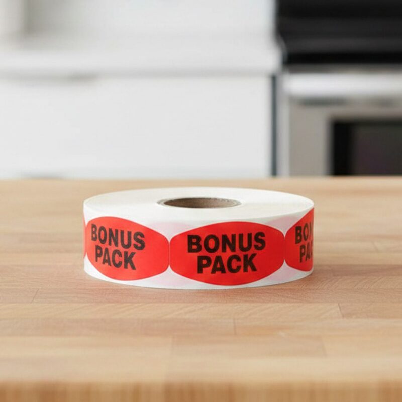 bonus pack sticker on a red label with black print