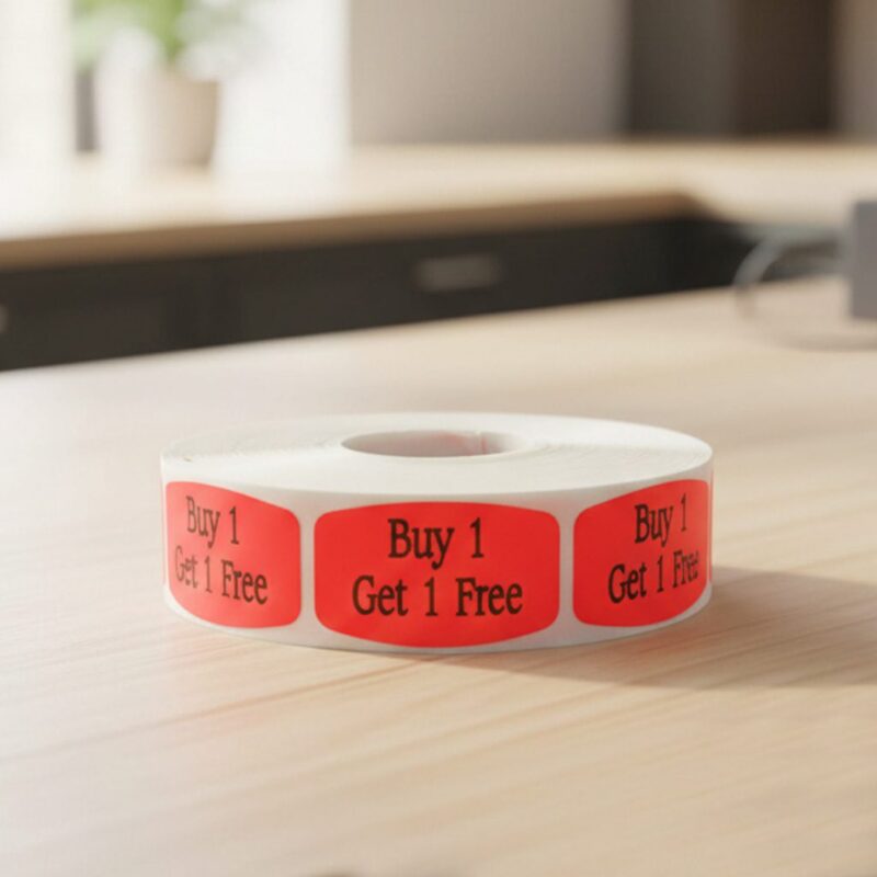 510007-Buy-1-Get-1-Free-Label buy 1 get 1 free sticker on a red label with black print