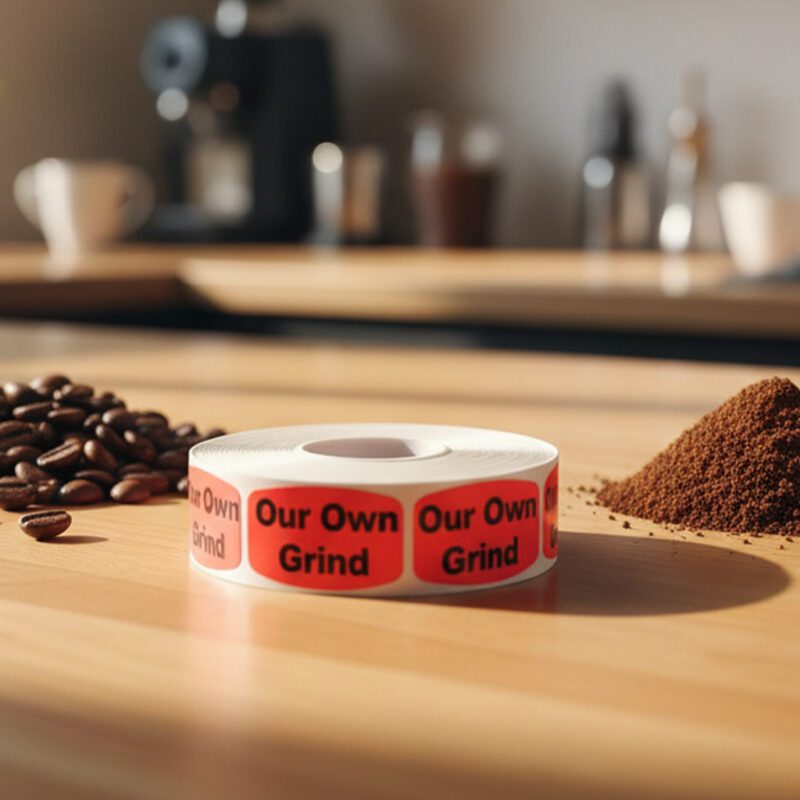 510076-Our-Own-Grind-Label coffee grounds sticker on a red label with black text