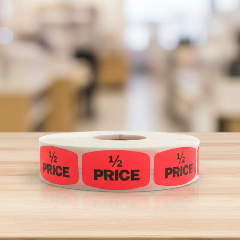 510119-Half-Price-Label3 half price sticker on a red label with black print