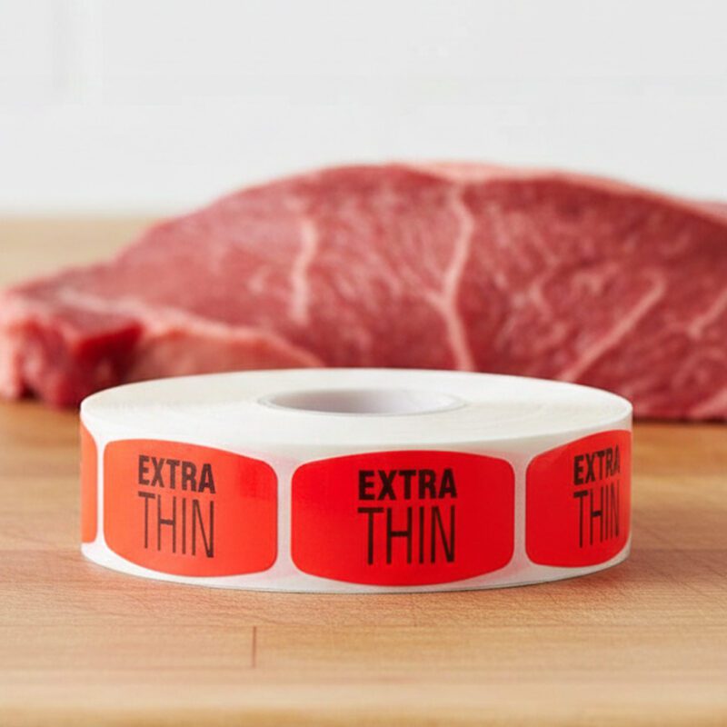 510122-Extra-Thin-Label extra lean sticker on a red label with black print
