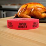 oven roast sticker on a red label with black text