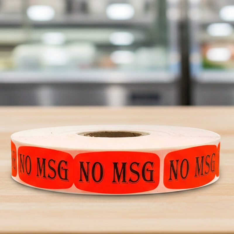 no msg sticker on a red label with black text