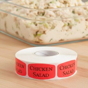 chicken salad sticker on a red label with black print