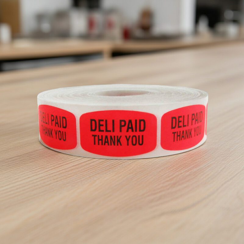 520026-Deli-Paid-Thank-You-Label2 deli paid thank you sticker on a red label with black print