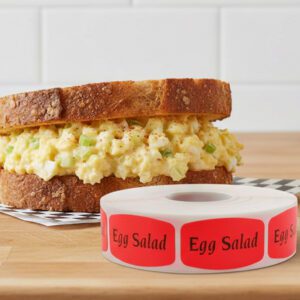 egg salad sticker on a red label with black print