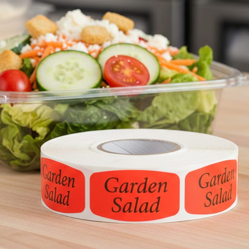 520029-Garden-Salad-Deli-Label garden salad sticker on a red label with black print