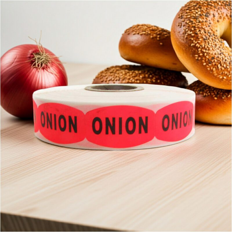 520041-Onion-Label-Stickers-Red-Sticker-with-Black-Print onion label on a bright red sticker