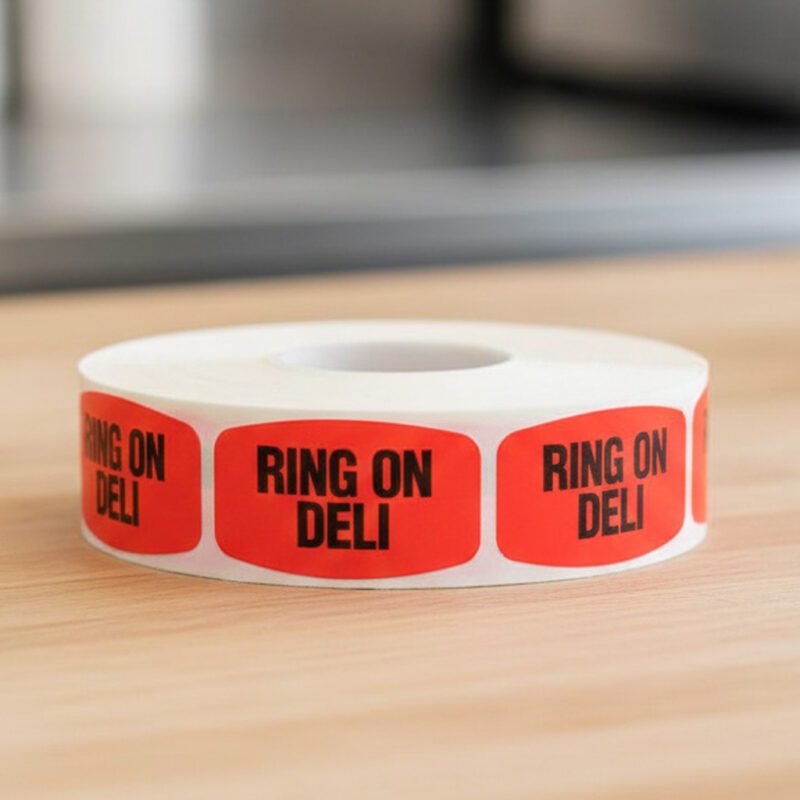 520053-Ring-on-Deli-Label ring on deli sticker on a red label with black text