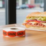Submarine sticker for sub sandwiches red label with black print