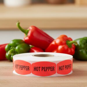 hot pepper sticker on a red label with black print