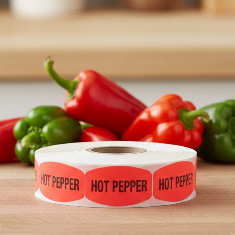 hot pepper sticker on a red label with black print