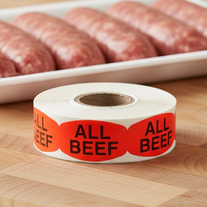 520081-All-Beef-Label-Stickers all beef sticker on a red label with black print