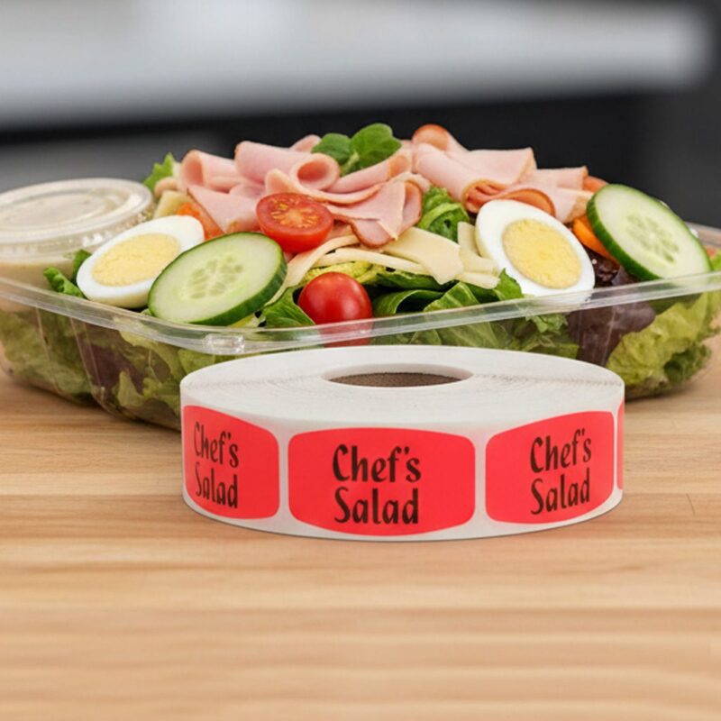 520088-Chef-Salad-Deli-Label chef's salad sticker on a red label with black print