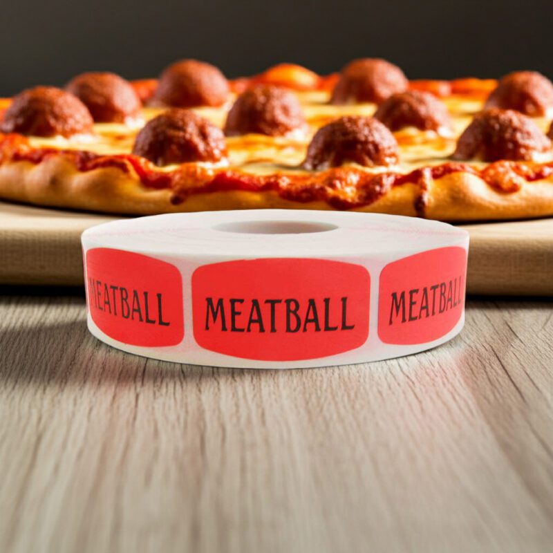 520116-Meatball-Label meatball sticker on a red label with black text