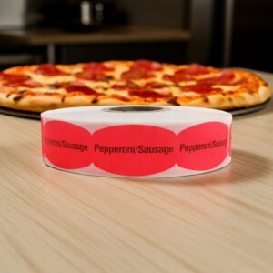 pepperoni and sausage pizza sticker on a red label with black text