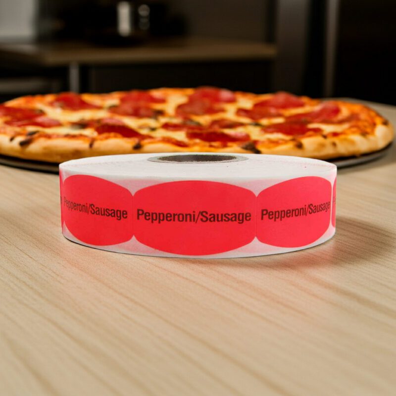 520120-Pepperoni-Sausage-Label pepperoni and sausage pizza sticker on a red label with black text