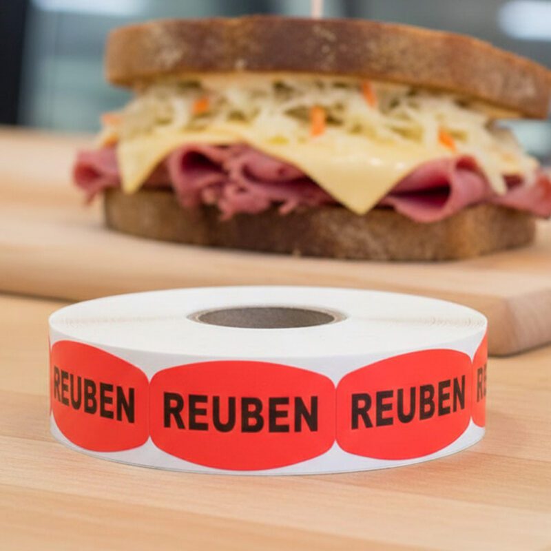 520124-Reuben-Deli-Label rueben sandwich sticker on a red label with black text