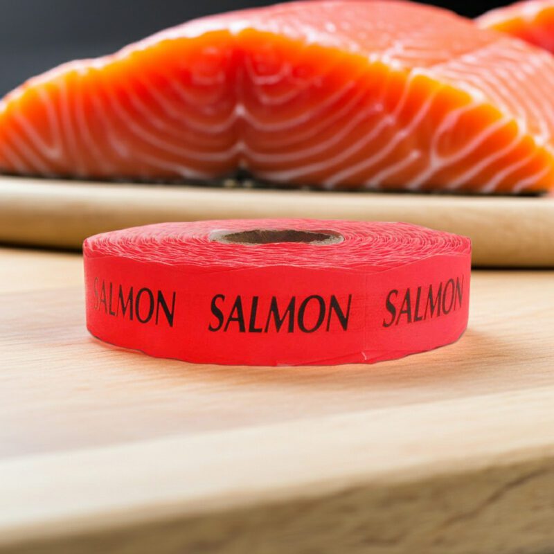 530027-Salmon-Label salmon sticker on a red label with black text
