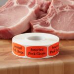 assorted pork chops sticker on a red label with black print