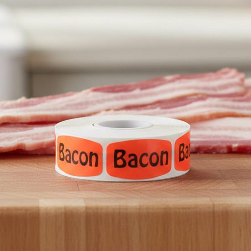 bacon sticker on a red label with black print